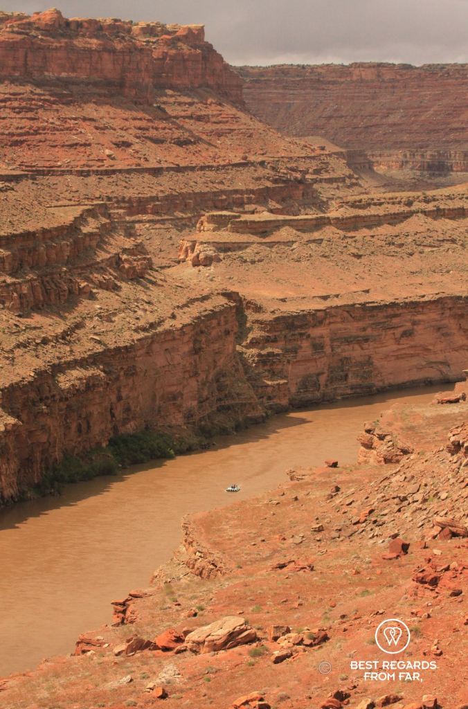 Aerial view on the raft from the Loop Hike while rafting the Cataract Canyon section of the Colorado River with Western River Expeditions.