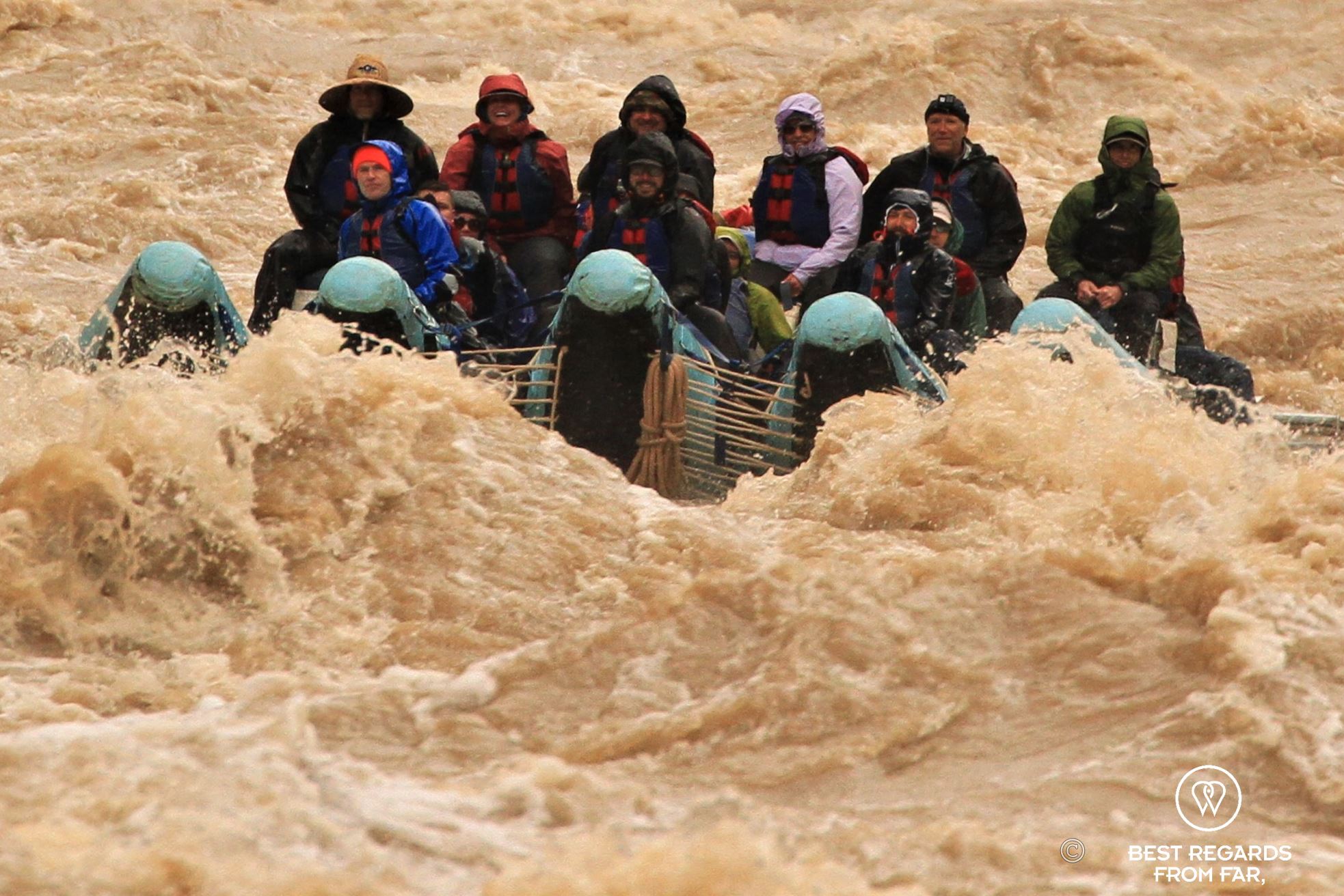 Full raft going down the rapids of the Cataract Canyon, Western River Expeditions, Colorado River, USA.