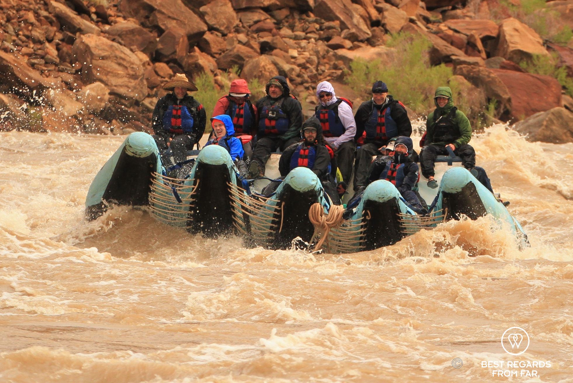Full raft going down the rapids of the Cataract Canyon, Western River Expeditions, Colorado River, USA.