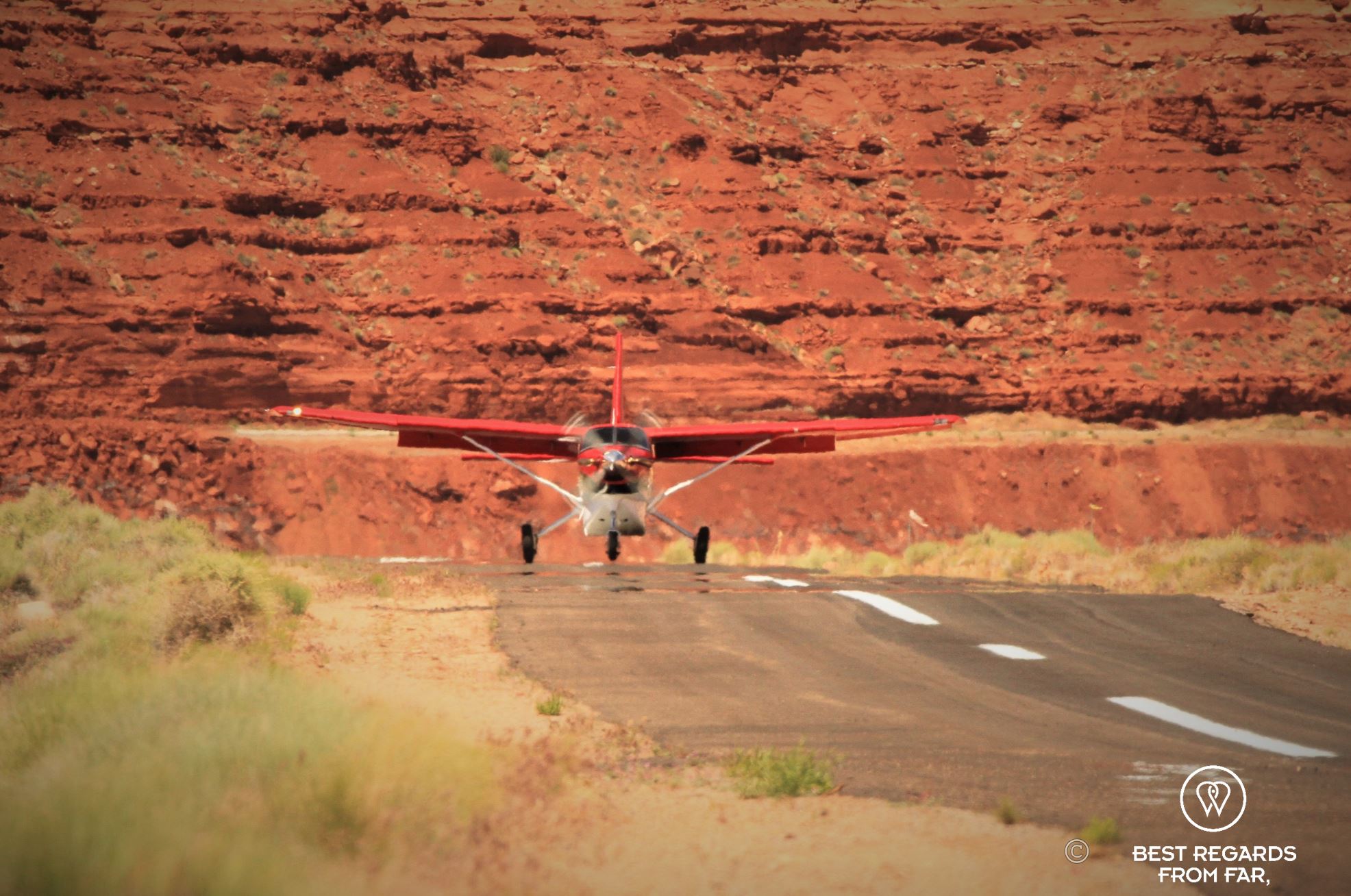 Light aircraft landing to fly back to Moab after rafting the Cataract Canyon section of the Colorado River with Western River Expeditions.