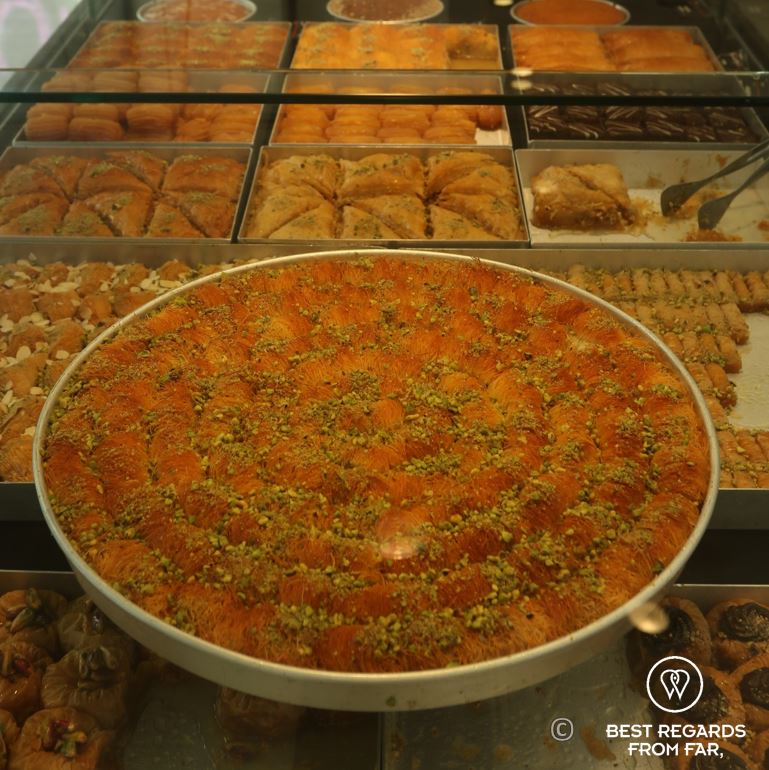 Different sorts of baklavas in a bakery, Athens.