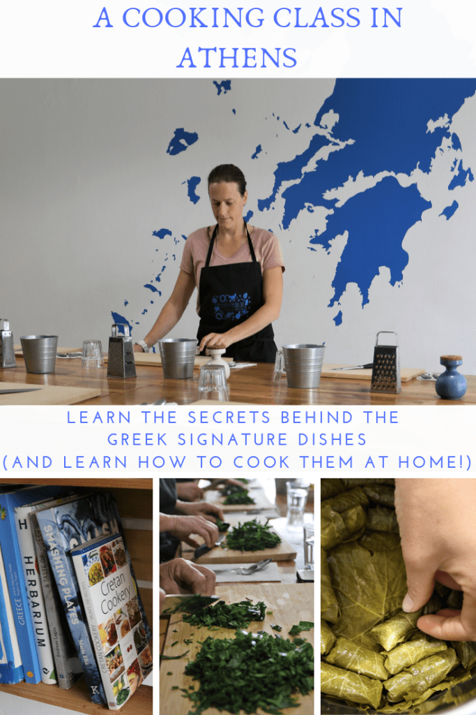 Woman cooking, blue tekst on white, cooking books and spinach being chopped.