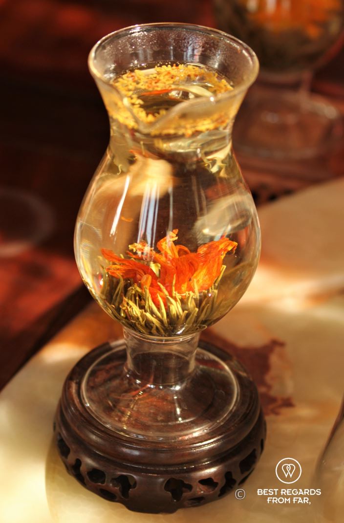 Tea blooming in transperant tea glass, Li-Ngong tea shop, Lantau Island, Hong Kong.