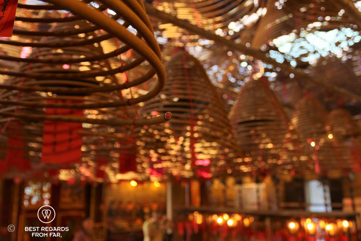 Close up of the spiraled-incense coils burning at Man Mo Temple on Hong Kong Island