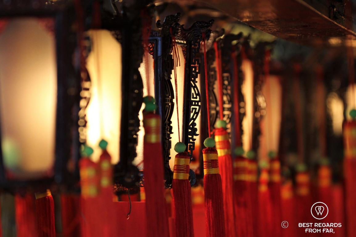 Close up of lights at the Man Mo Temple, Hong Kong Island