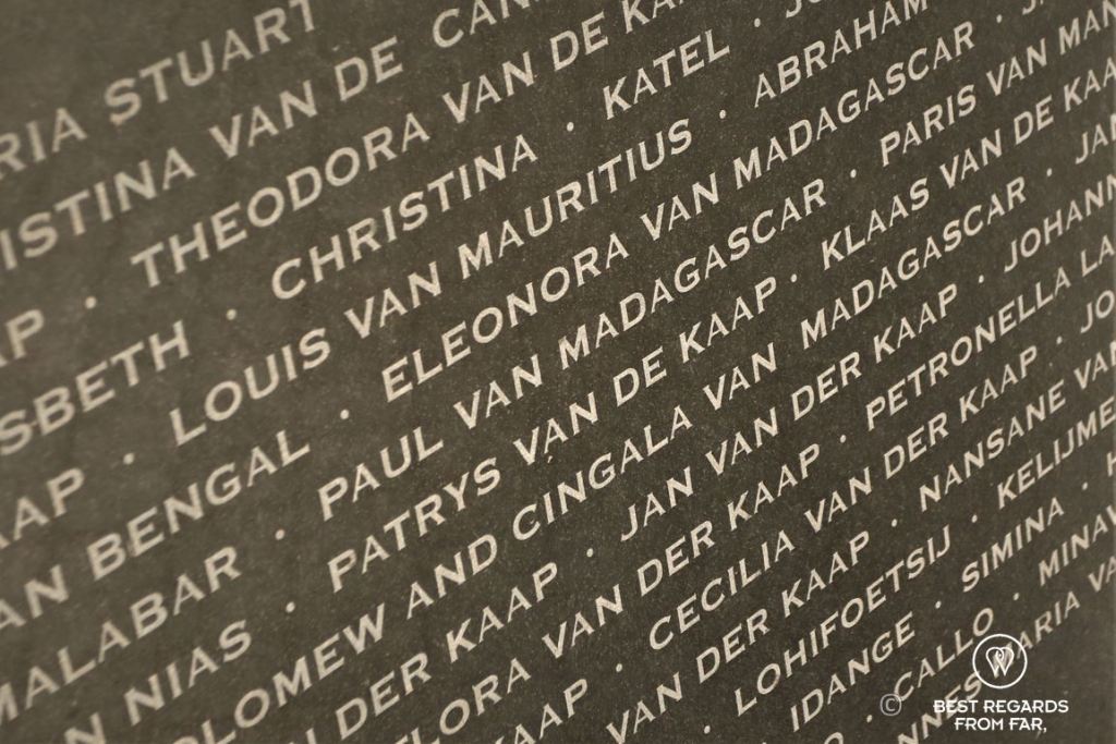 Names of slave on a commemoration plate in Cape Town wher etheir names indicate where they were from