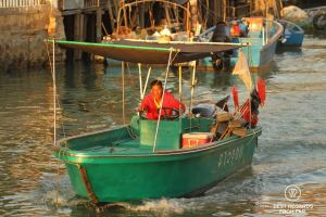 Man in red jacket steering a green boat at sunset, Tai O fishing village, Lantau Island, Hong Kong.