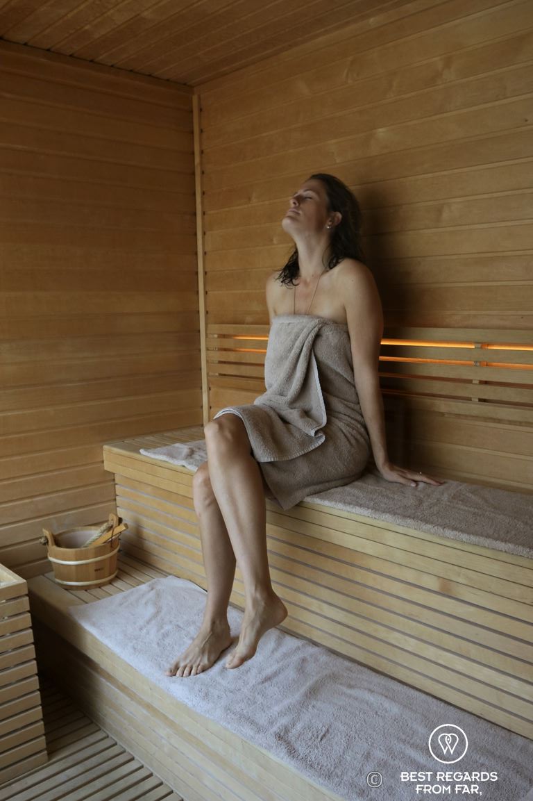 Guest relaxing in the sauna of the spa at the Murray luxurious hotel in Hong Kong