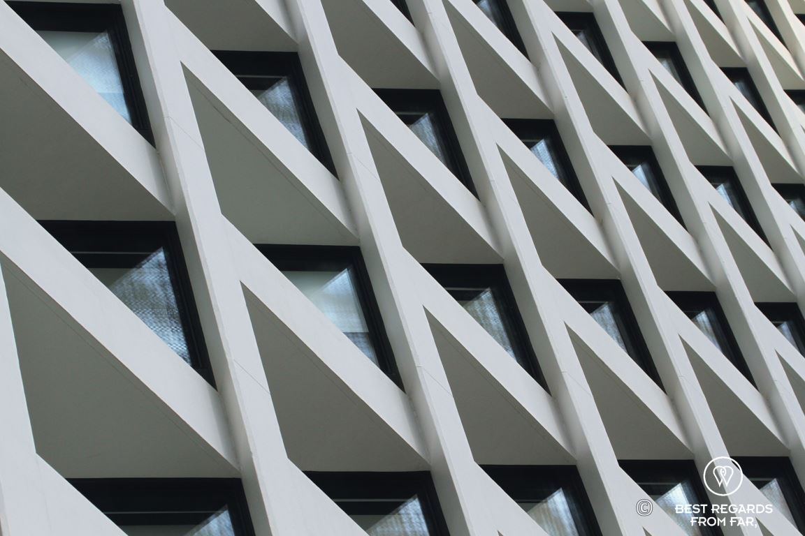 Architecture of the skewed windows of the landmark Murray luxurious hotel in Hong Kong
