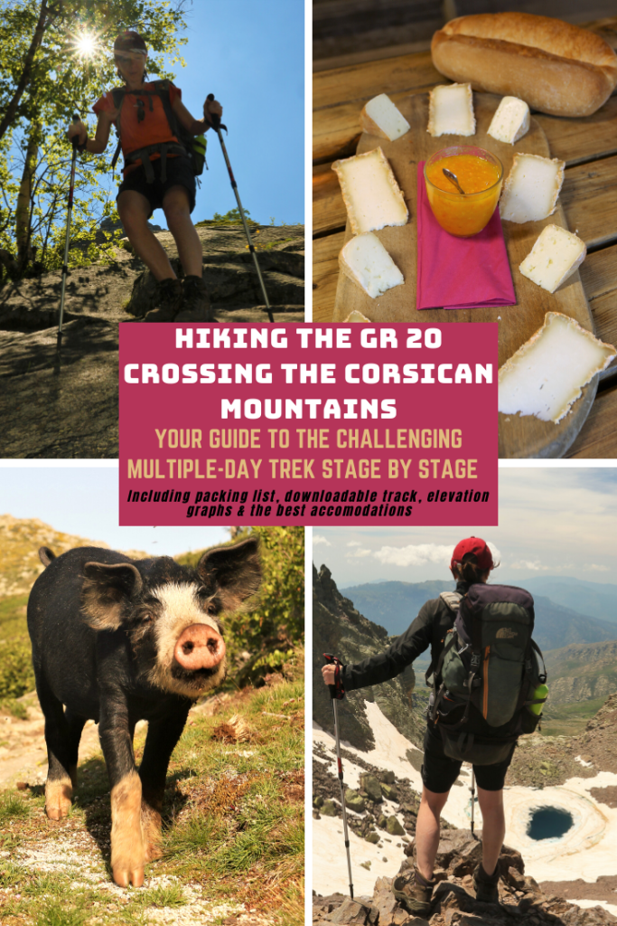 Pin showing hikers, cold cuts and wild pigs referring to the GR20 stage by stage guide, Corsica