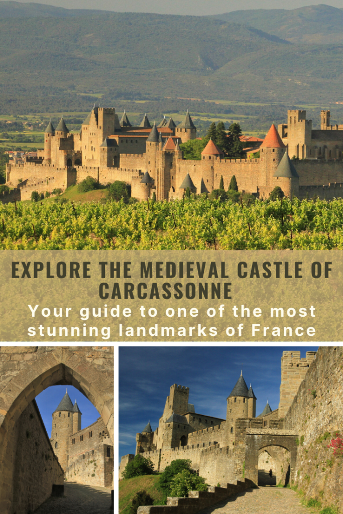 Medieval castle of Carcassonne in the vineyard, blue skies and morning sun.