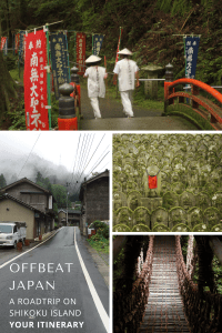 Several images depicting Japanese pilgrims with white clotes, stone buddhas, a vine bridge and a mountain road with traditional houses in Japan.