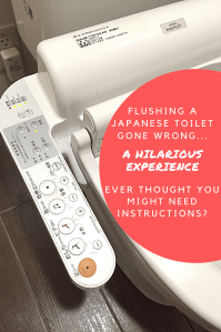 Toilet with an armrest full of flushing instructions in Japanese.