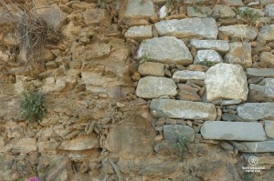 Old and new stone wall of the terraced vineyards of Cinque Terre, Italy