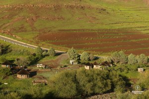 Bird's eye view on the homestay of the village of Makhapung in Eastern Lesotho with rondavels