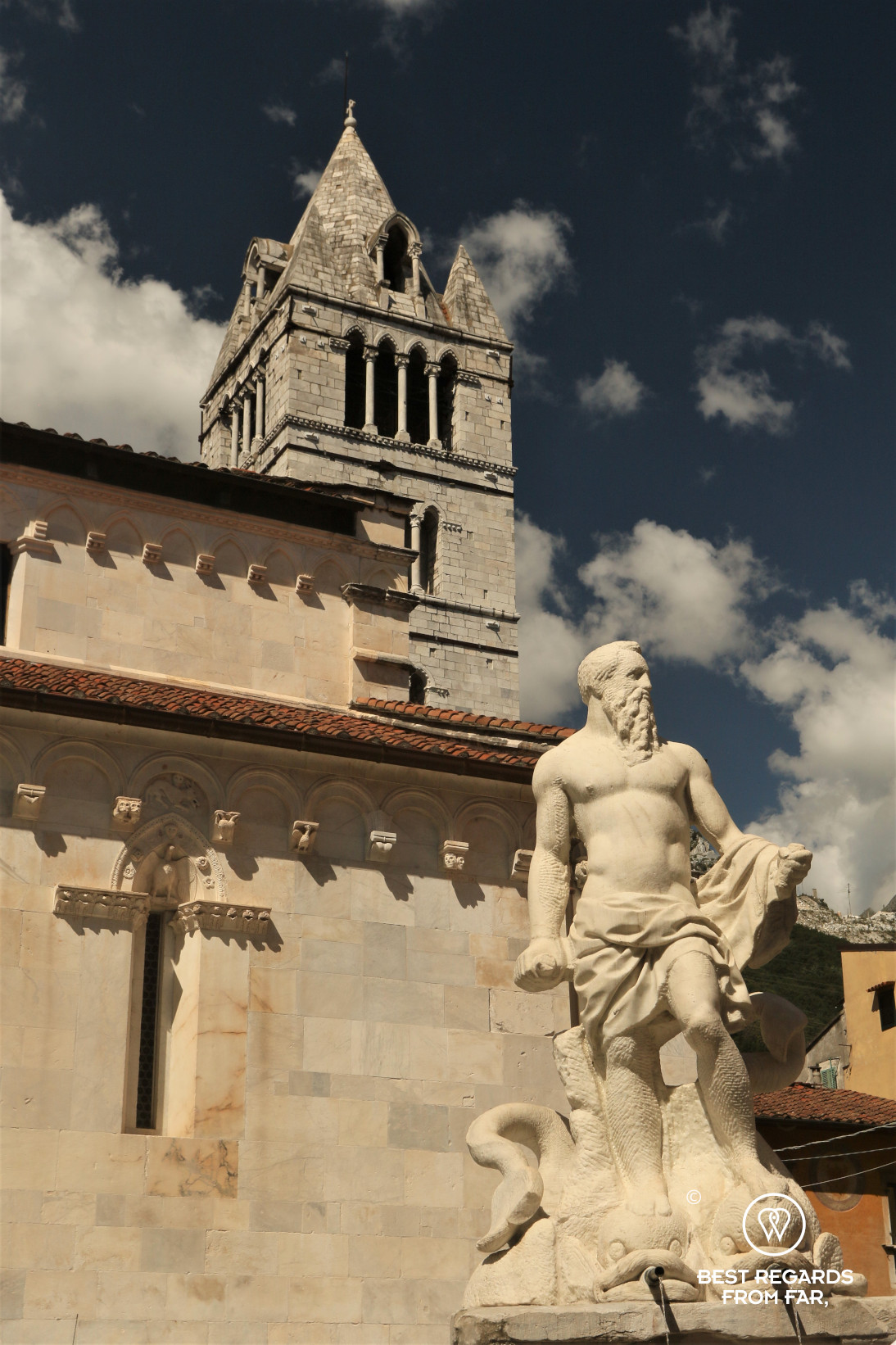White marble statue and marble cathedral of Carrara