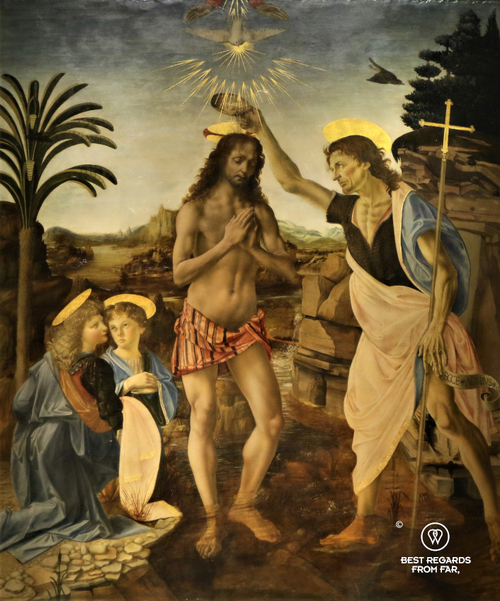 The baptism of Christ by Verrocchio and Leonardo da Vinci in the Uffizi museum in Florence, Italy