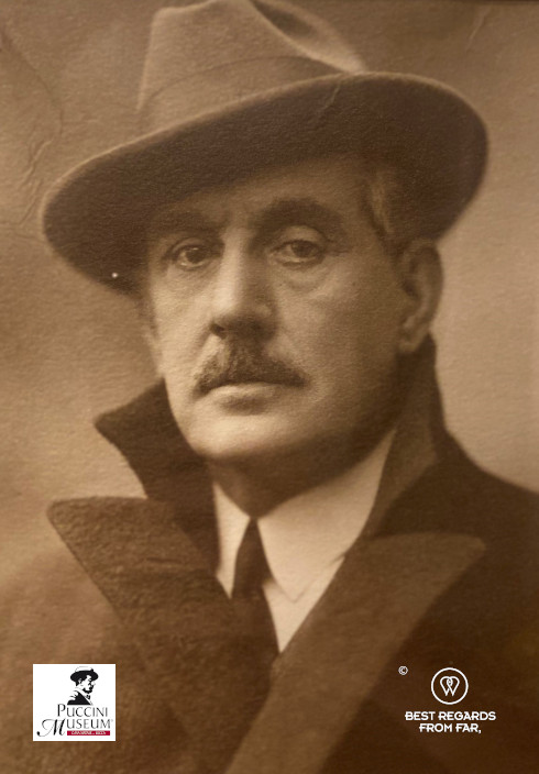 Black and white photo of the portrait of Giacomo Puccini, Puccini birth home museum, Lucca.