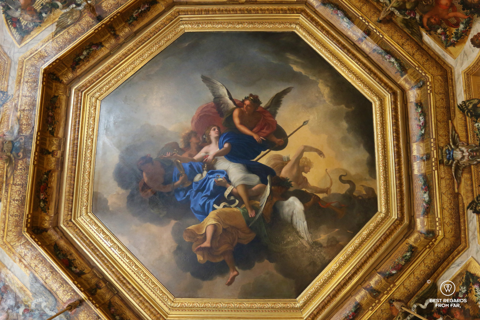 Painted ceiling by Le Brun in the castle of Vaux le Vicomte, France.