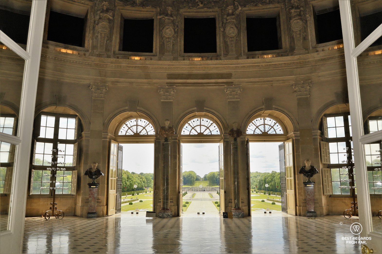 View from the castle of Vaux le Vicomte opening on its French gardens.