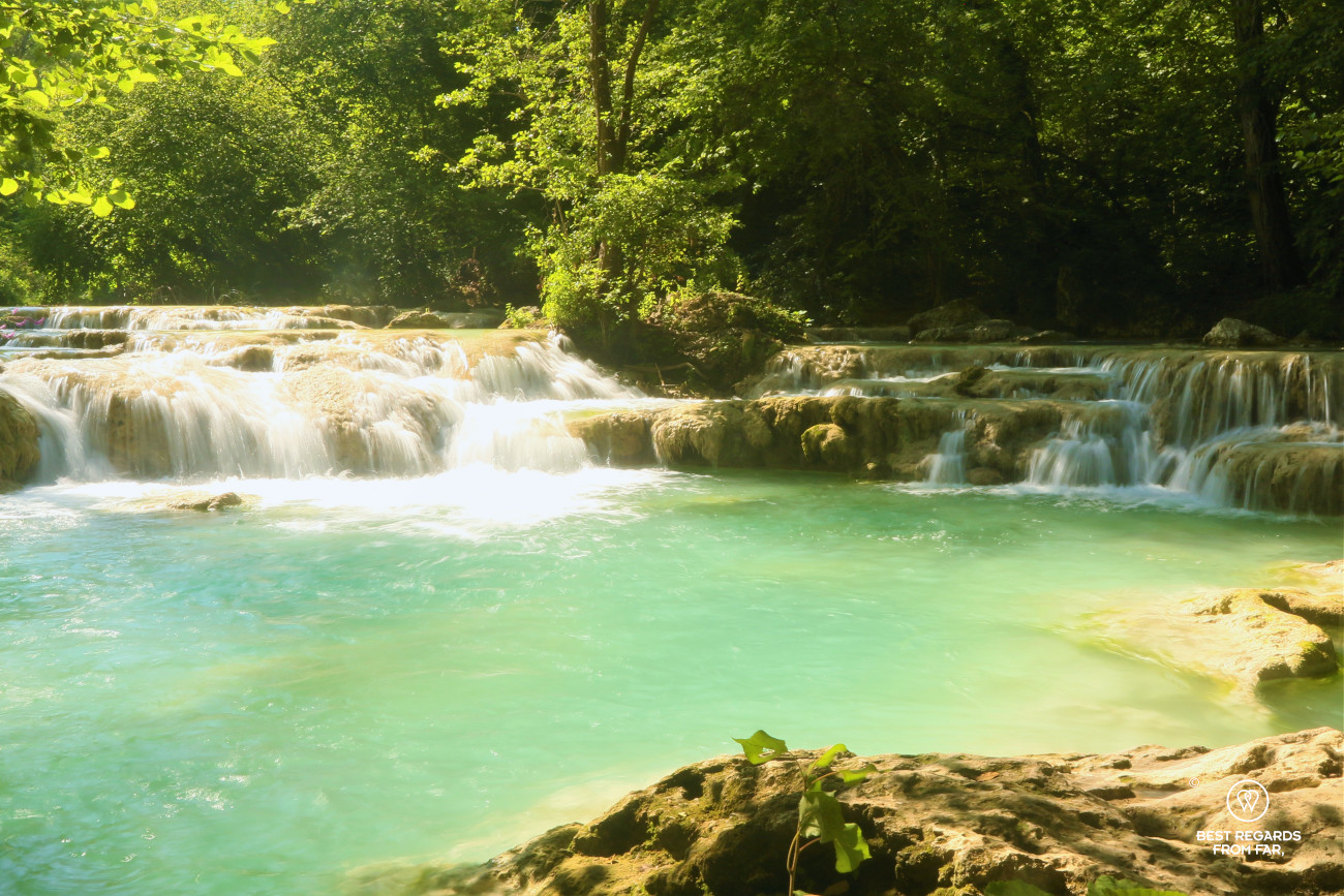 Hiking and swimming the turquoise waters of the Elsa River, Tuscany, Italy