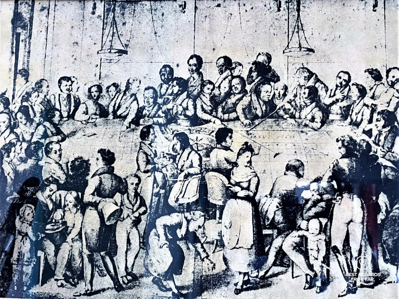 Historical drawing of the first casino in Bagni di Lucca, Italy