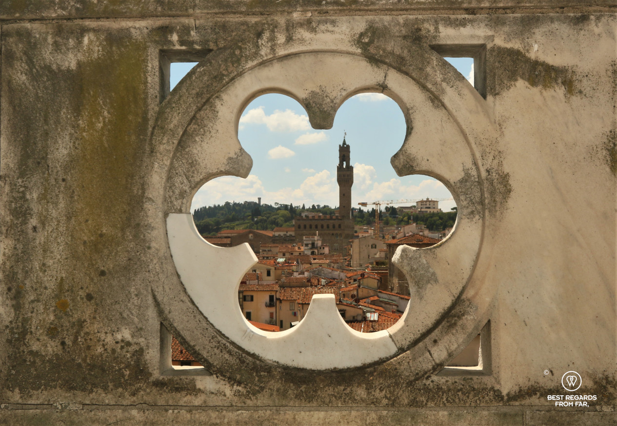 View on Florence's Palazzo Vecchio from the terraces of the Duomo cathedral, Italy