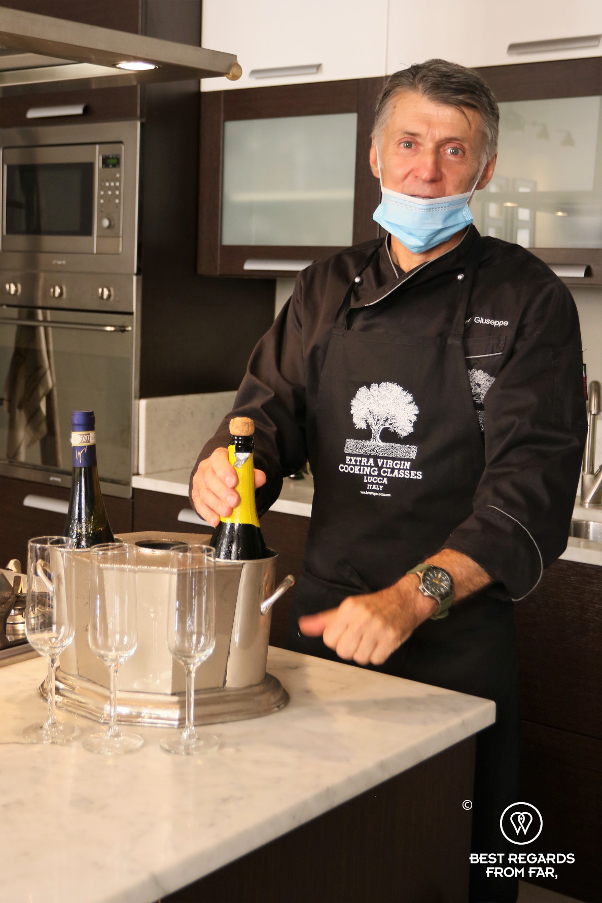 Chef Giuseppe Mazzocchi in his kitchen of Extra Virgin Cooking Classes, Lucca, Italy