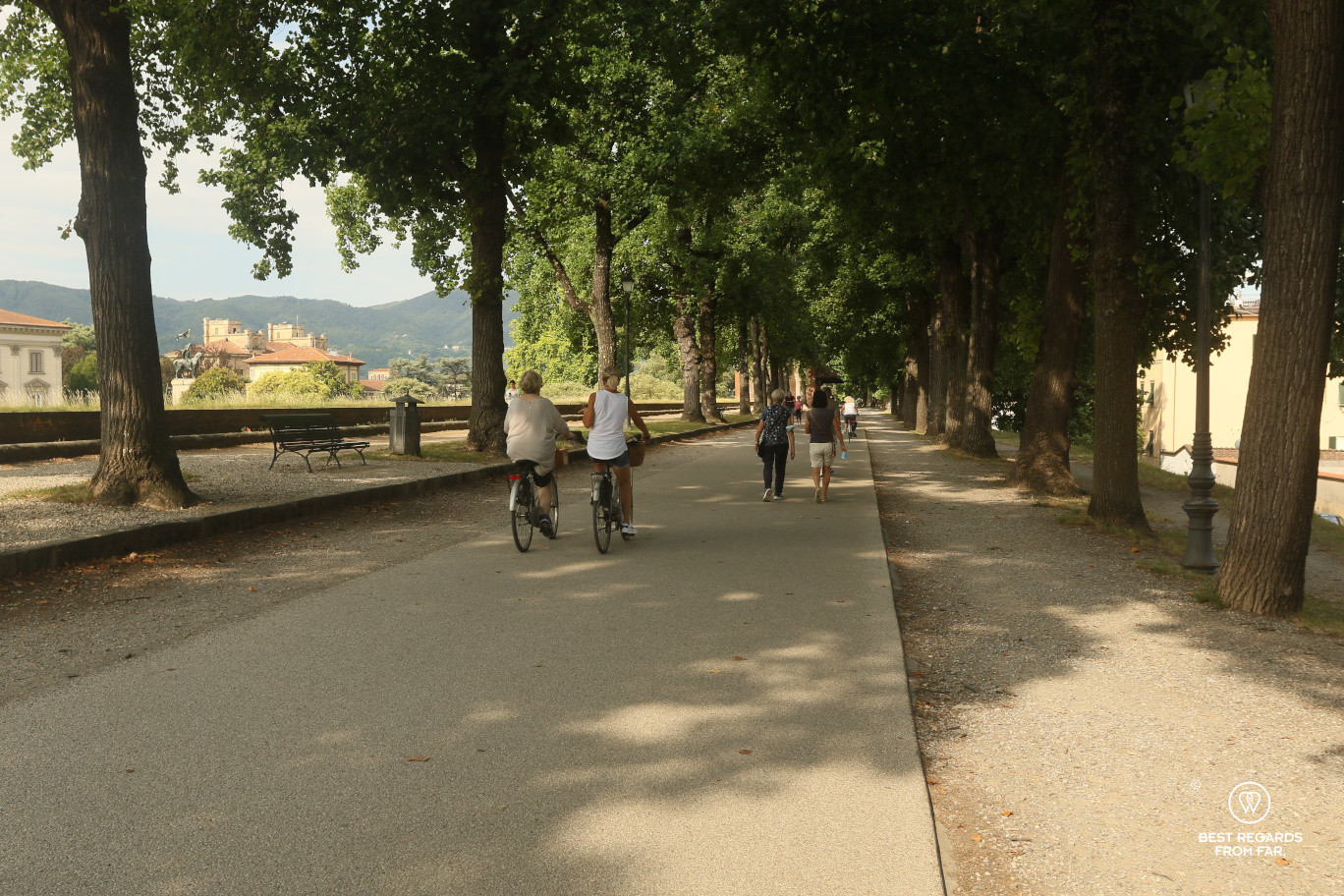 Two people biking and two people walking on the city walls of Lucca