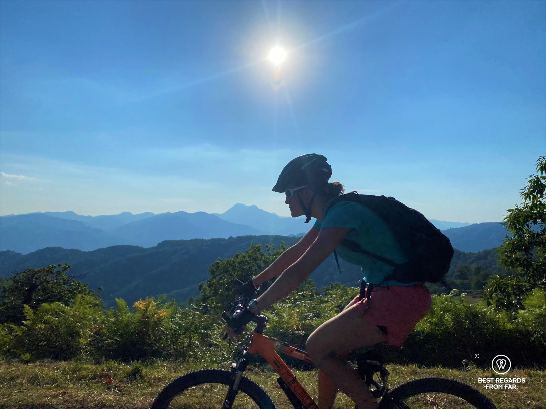 Mountain biking to the Pelago Canyon by Bagni di Lucca, Italy.