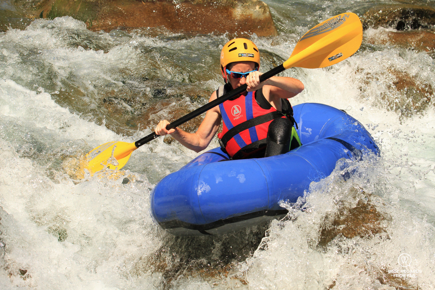 Pack rafting the white waters around Bagni di Lucca, Tuscany, Italy.