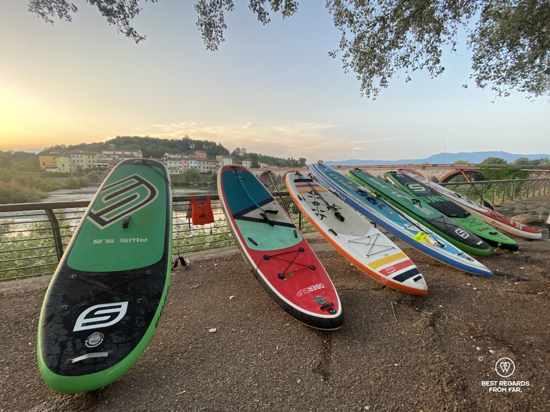 Stand Up Paddling the white waters of the Serchio River by Lucca, Italy.