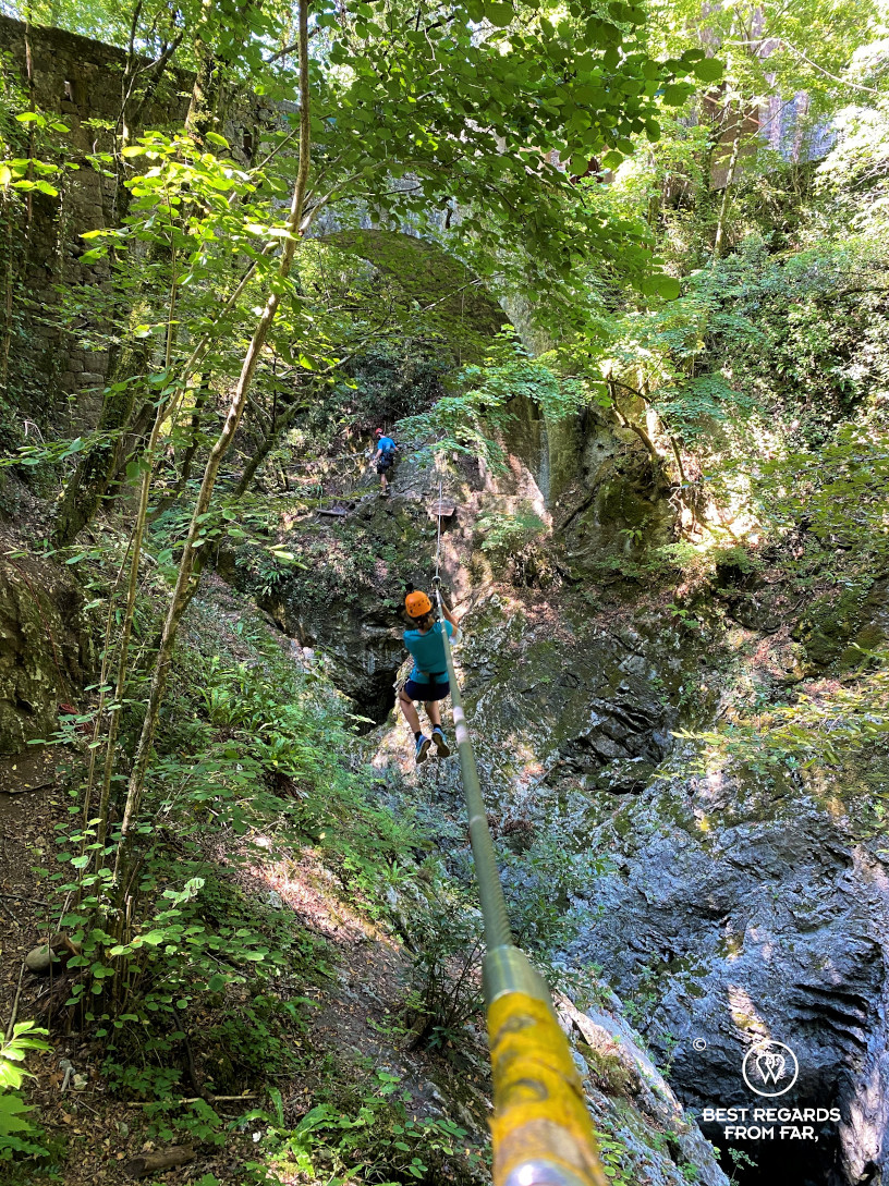 Zip lining above the Lima Canyon by Bagni di Lucca, Italy.