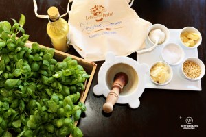 Ready for the pesto workshop at Nessun Dorma in Manarola, Cinque Terre, Italy: all the ingredients are on the table