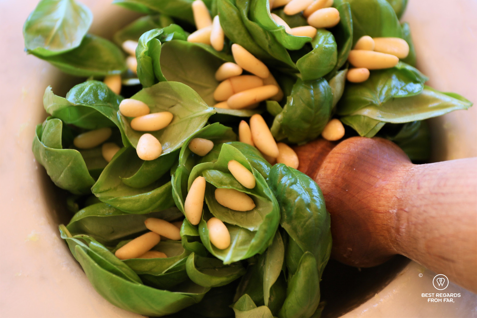 Basil leaves and pine nuts in a Carrara marble mortar with a pestle, Italy