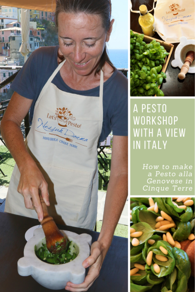 Woman making fresh pesto in Cinque Terre, Italy