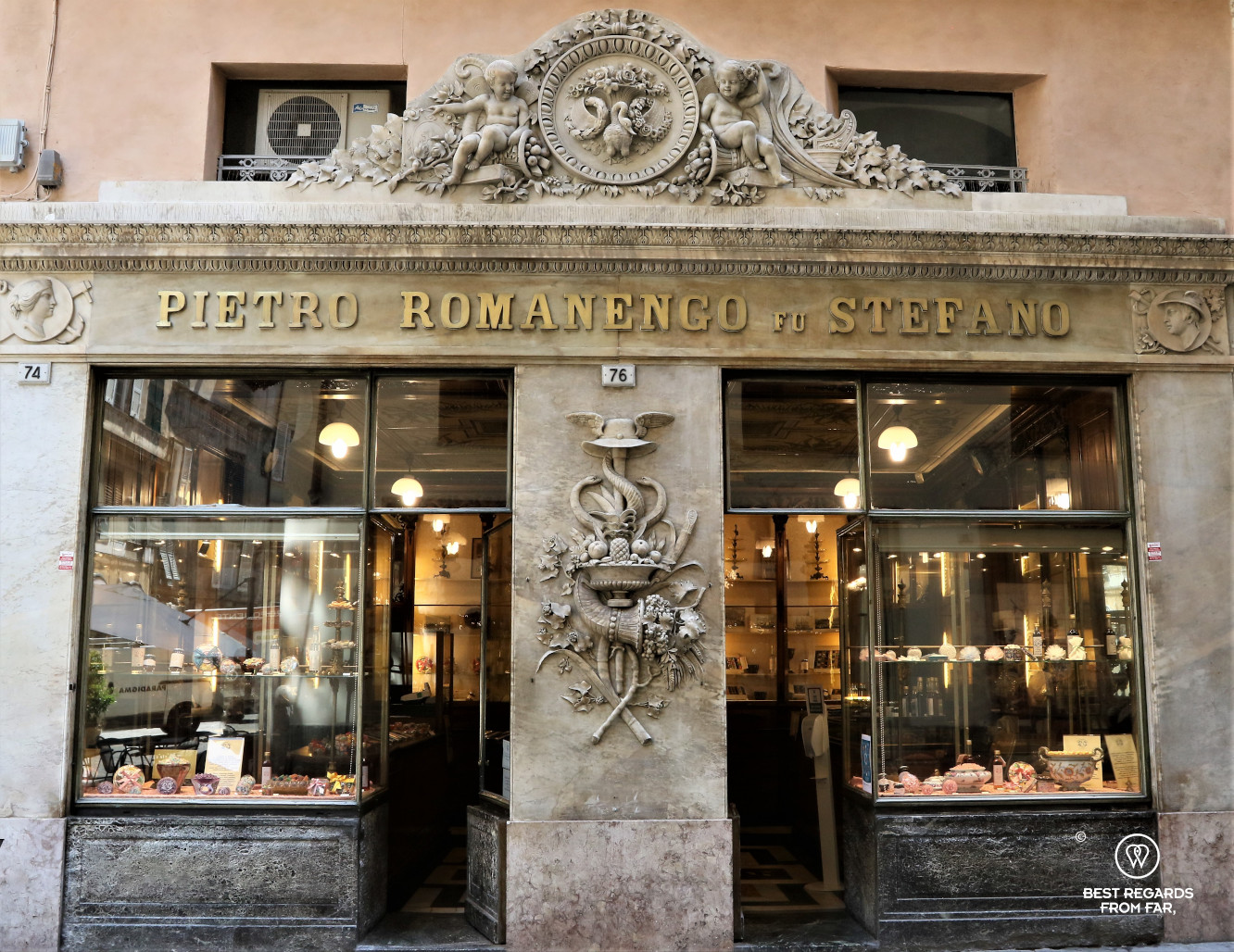 The beautiful facade of the store that dates to 1814, Pietro Romanencgo, Genoa, Italy