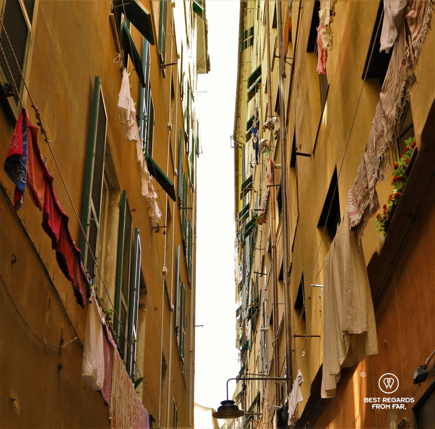 Laundry handing in the small streets of Genoa, Liguria, Italy