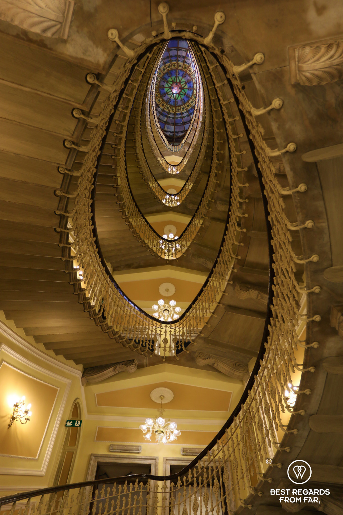 The beautiful spiral staircase of the Hotel Bristol Palace, Genoa, Liguria, Italy