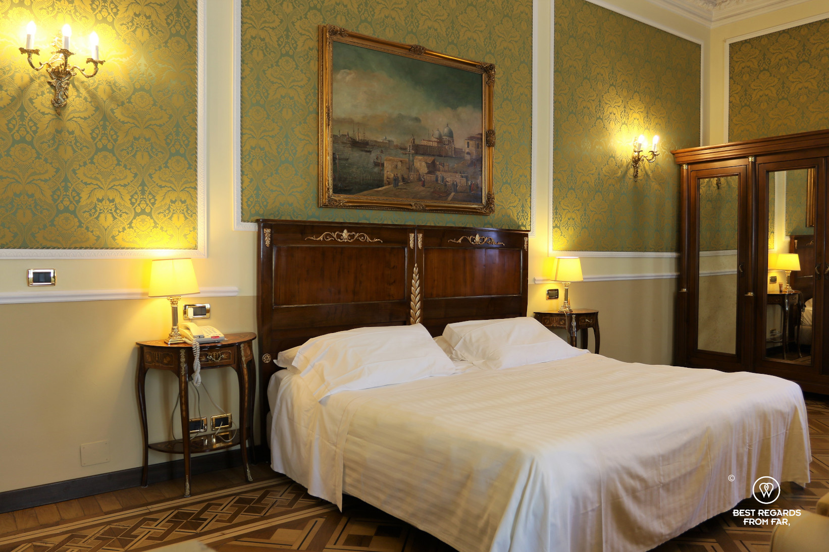 Classic bedroom of the Hotel Bristol Palace, Genoa, Liguria, Italy