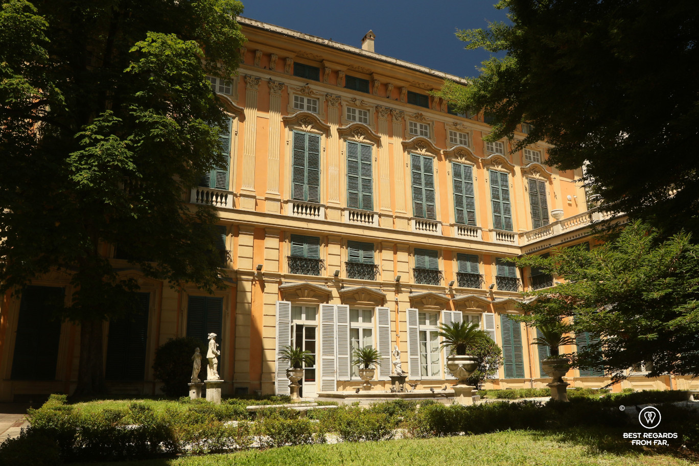 Palazzo Bianco from the outside with its yellow facade, Genoa, Liguria, Italy