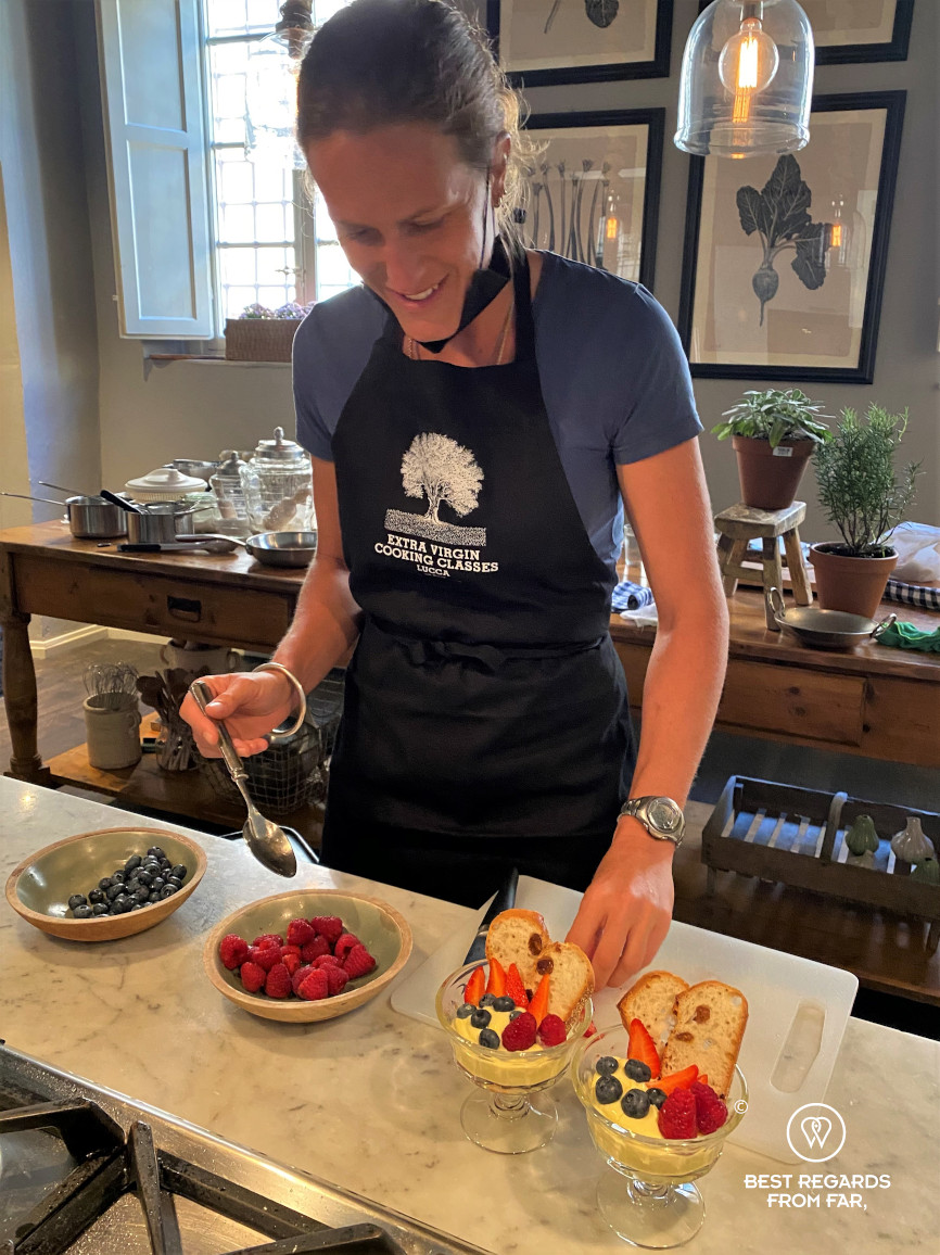 Woman making an Italian dessert in a roomy kitchen in Italy