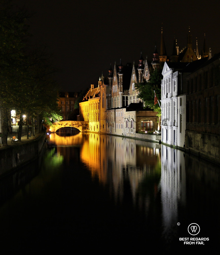 Reflections of medieval houses in the Groenenrei in Bruges, Belgium