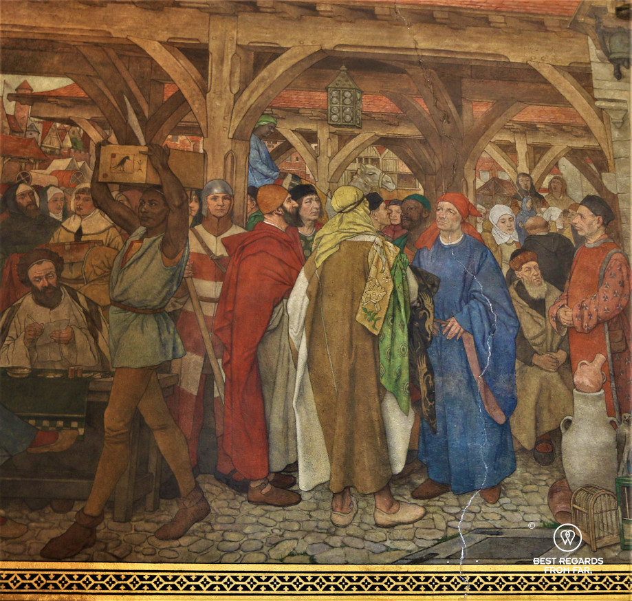 Colourful fresco showing people trading during the medieval times