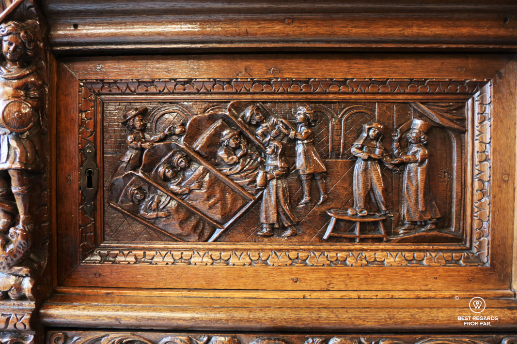 The pharmacy of the Saint John's Hospital, Bruges: detail of wood carvings.