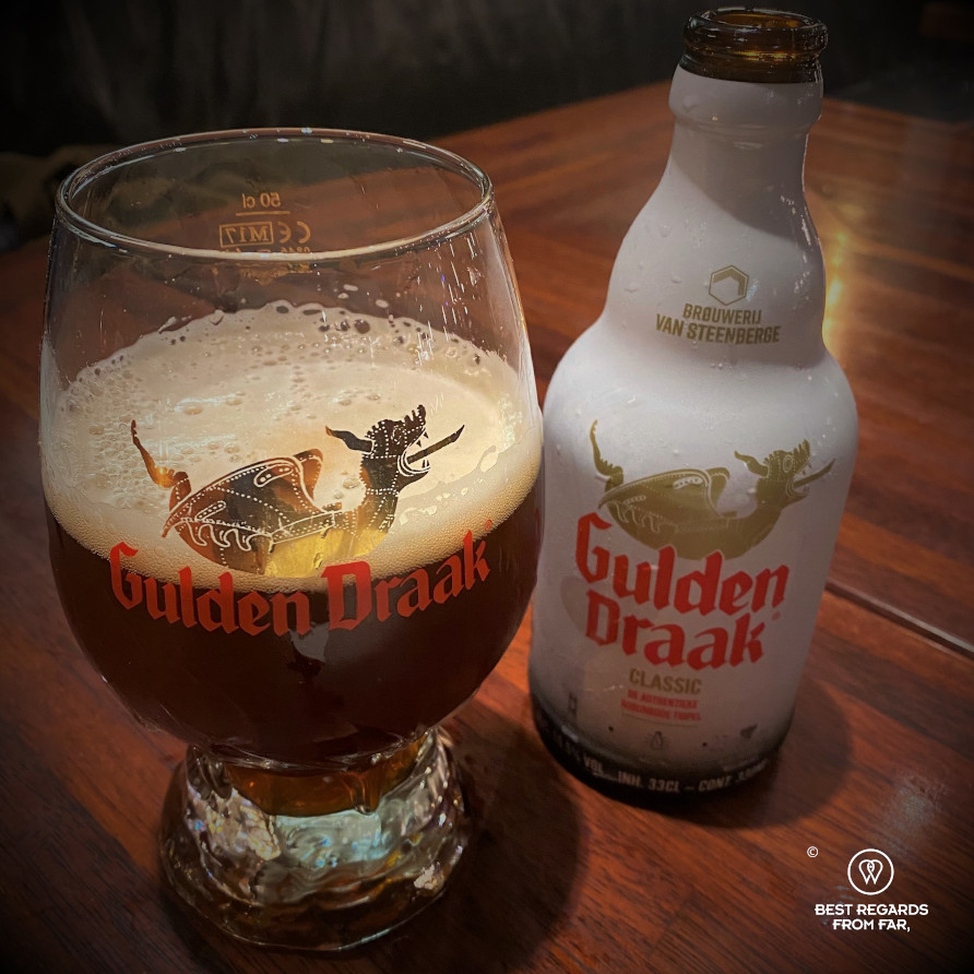 Bottle and glass with Gulden Draak beer from Ghent, Belgium