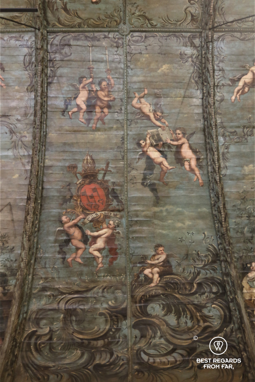 Hand-painted angels on a wooden roof in an abbey, Ghent