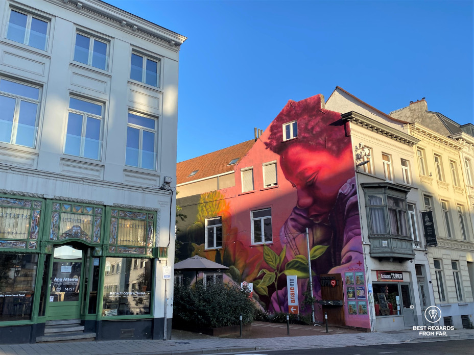 Graffiti mural on a facade of modern day Ghent, Belgium