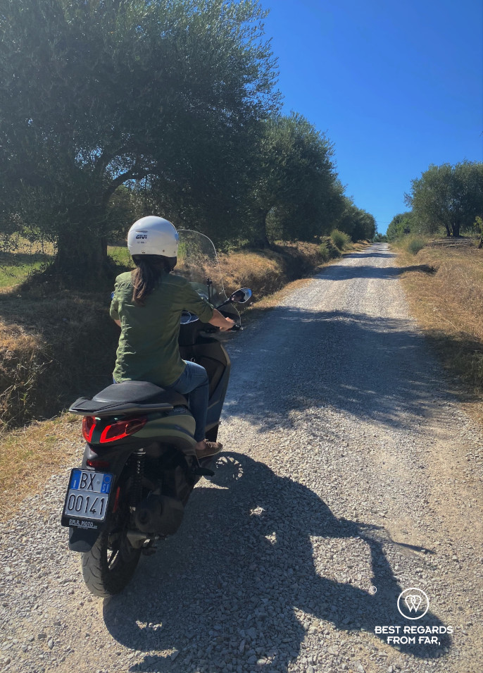 Woman driving a Vespa on a dirt road through an olive grove