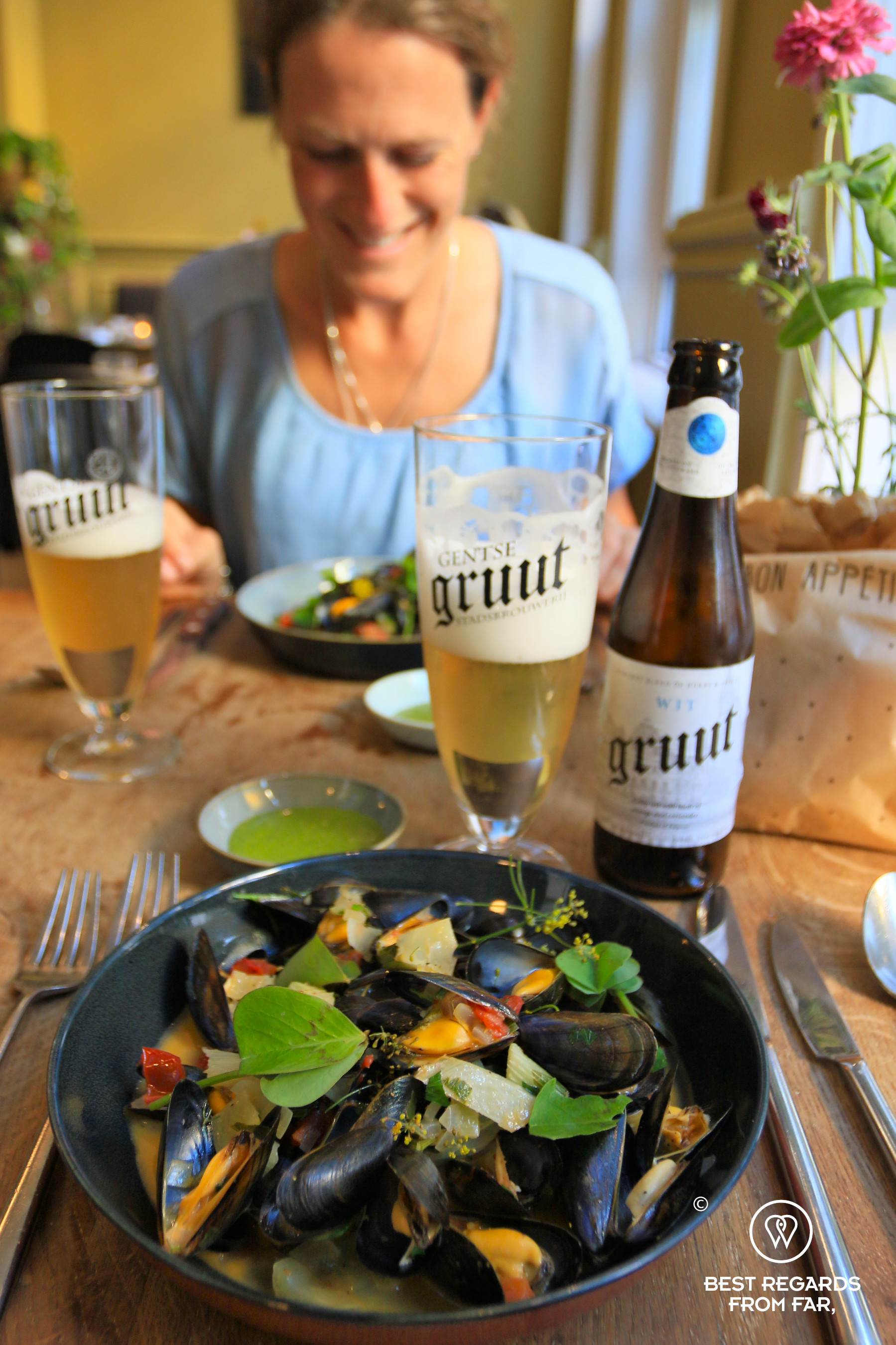 Excellent mussels with a local gruut beer at Lepelblad, Ghent